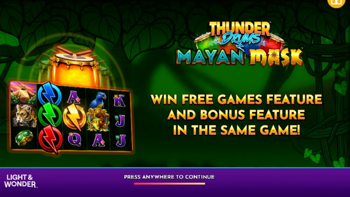 Interface do jogo Thunder Drums Mayan Mask com símbolos de templos e máscaras douradas