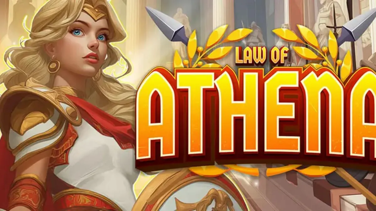 Interface visual e símbolos temáticos do slot Law of Athena com estética grega